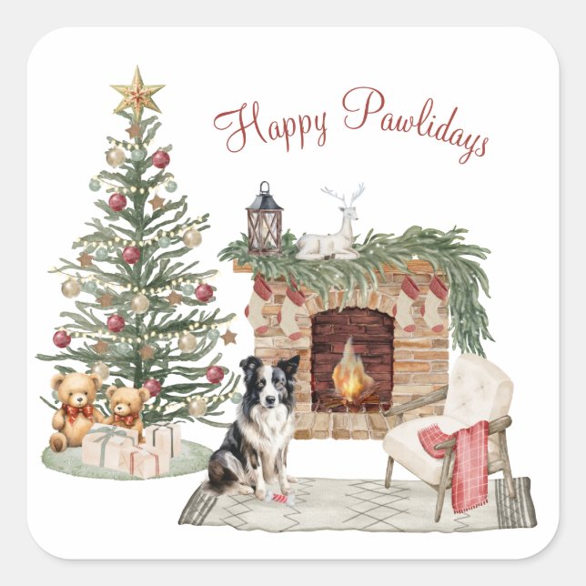 Happy Pawlidays Dog Design- Collie Square Sticker (Front)