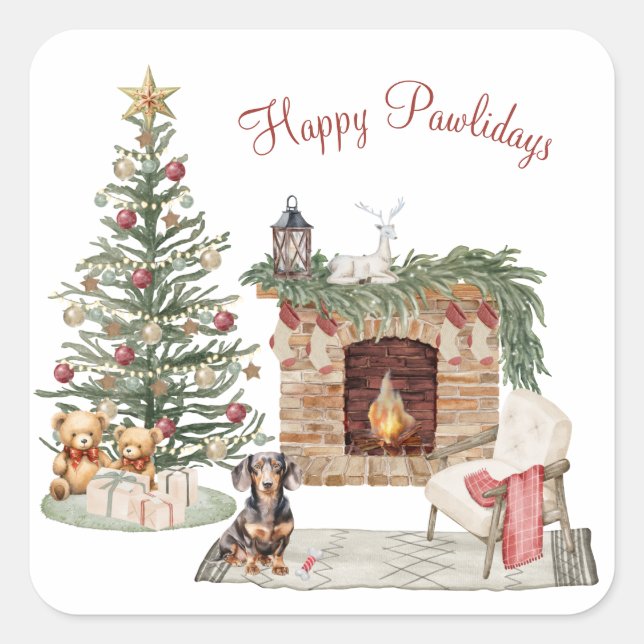 Happy Pawlidays Dog Design- Dachshund Square Sticker (Front)