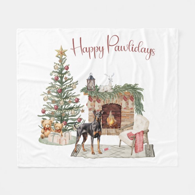 Happy Pawlidays Dog Design- Doberman Pinscher Fleece Blanket (Front (Horizontal))