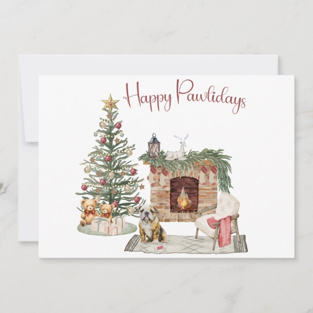 Happy Pawlidays Dog Design- English Bulldog Holiday Card (Front)