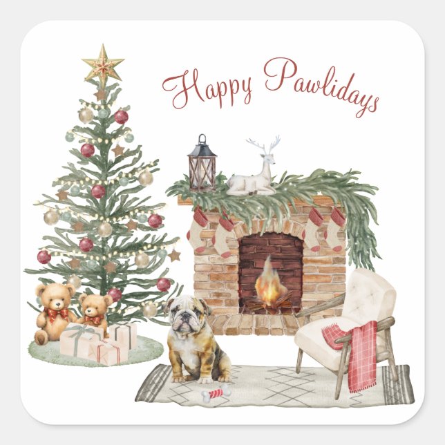Happy Pawlidays Dog Design- English Bulldog Square Sticker (Front)