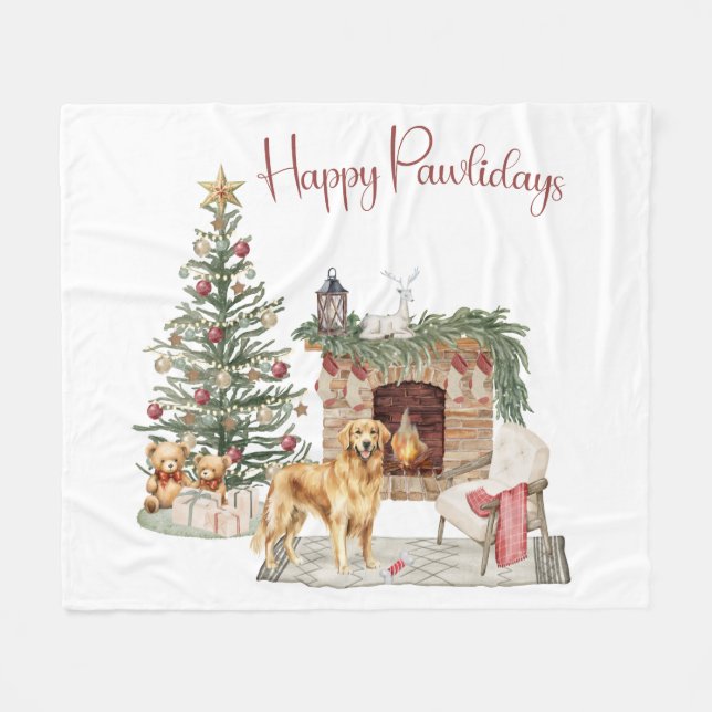 Happy Pawlidays Dog Design- Golden Retriever Fleece Blanket (Front (Horizontal))