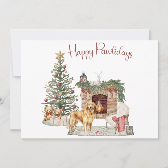 Happy Pawlidays Dog Design- Golden Retriever Holiday Card (Front)