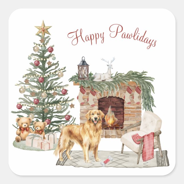 Happy Pawlidays Dog Design- Golden Retriever Square Sticker (Front)