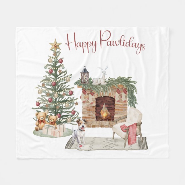 Happy Pawlidays Dog Design- Jack Russell Fleece Blanket (Front (Horizontal))