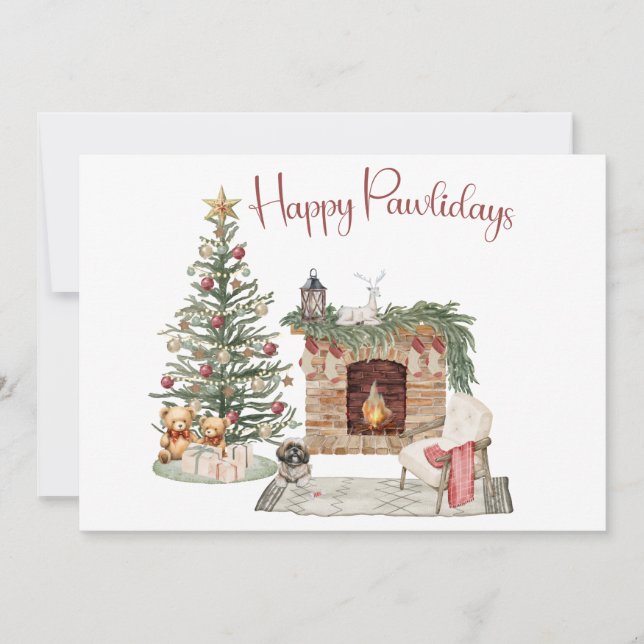 Happy Pawlidays Dog Design- Lhasa Apso Holiday Card (Front)