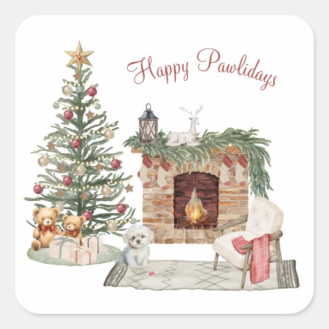 Happy Pawlidays Dog Design- Maltese Square Sticker (Front)