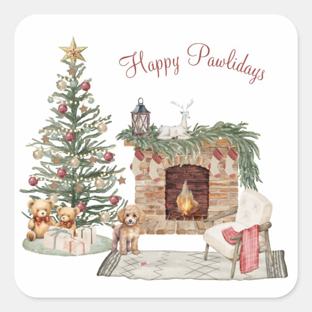 Happy Pawlidays Dog Design- Poodle Square Sticker (Front)