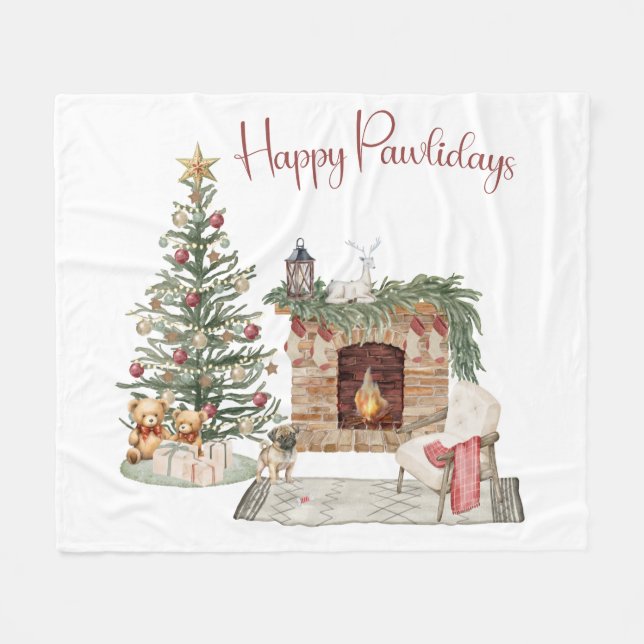 Happy Pawlidays Dog Design- Pug Fleece Blanket (Front (Horizontal))