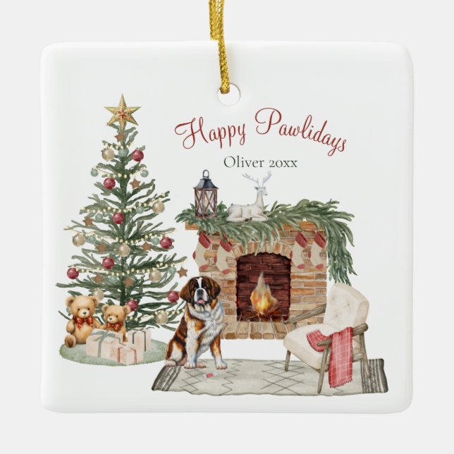 Happy Pawlidays Dog Design- St. Bernard Ceramic Ornament (Front)