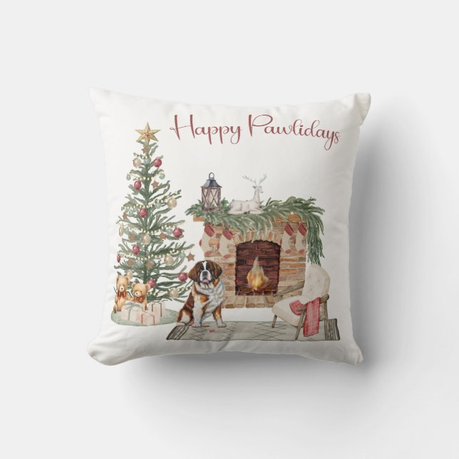 Happy Pawlidays Dog Design- St. Bernard Cushion (Front)