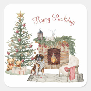 Happy Pawlidays Dog Design- St. Bernard Square Sticker