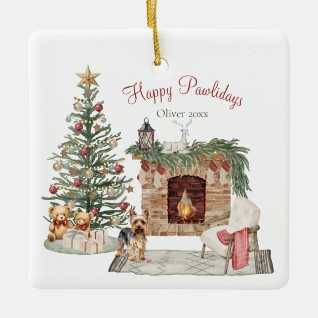 Happy Pawlidays Dog Design- Yorkie Ceramic Ornament (Front)