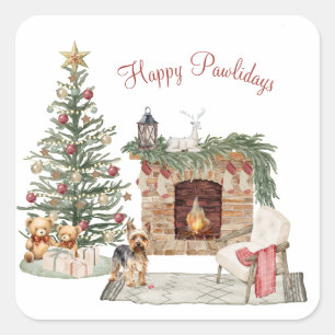 Happy Pawlidays Dog Design- Yorkie Square Sticker