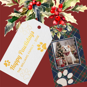 Happy Pawlidays Dog Paw Plaid Photo Christmas Gift Tags