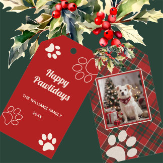 Happy Pawlidays Dog Paw Red Plaid Photo Christmas Gift Tags