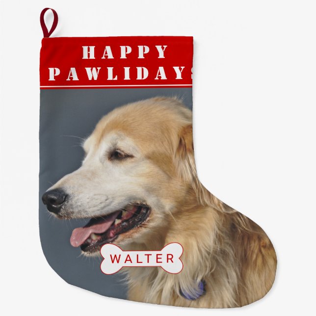 Happy pawlidays dog pet red Christmas photo Large Christmas Stocking (Front)