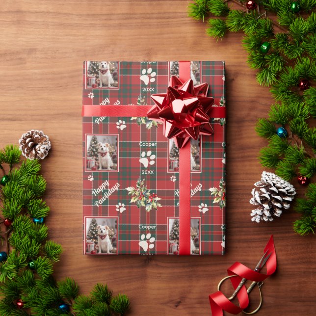Happy Pawlidays Dog Red Green Plaid Christmas Wrapping Paper (Holiday Gift)