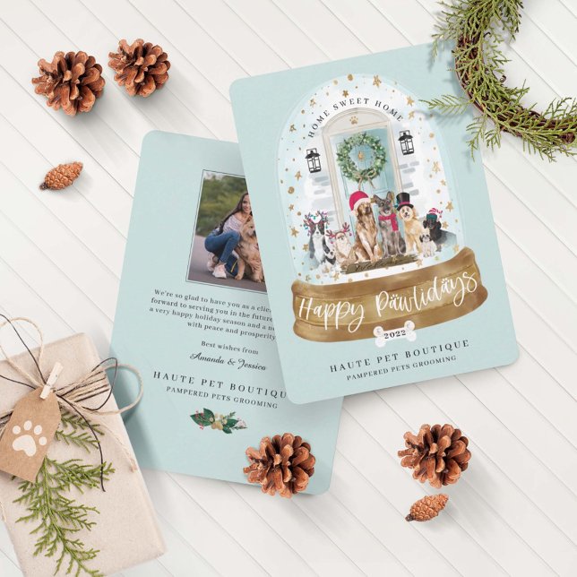 Happy Pawlidays Dogs Pet Care Business Aqua Door Holiday Card (Creator Uploaded)
