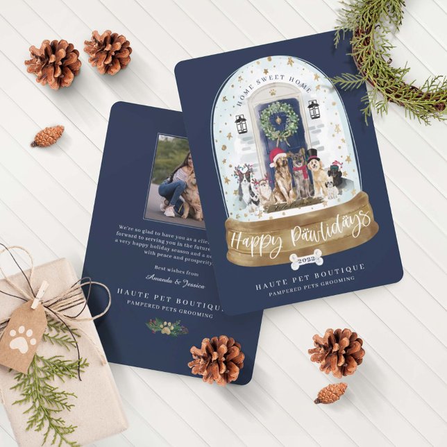 Happy Pawlidays Dogs Pet Care Business Blue Door Holiday Card (Creator Uploaded)