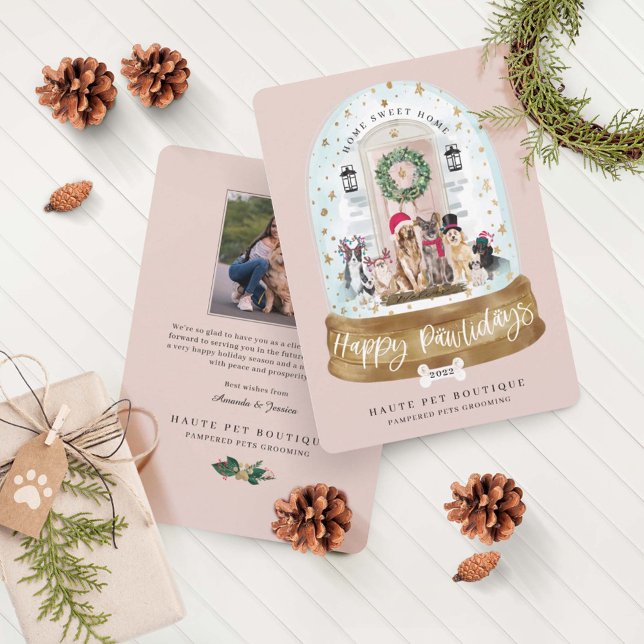 Happy Pawlidays Dogs Pet Care Business Pink Door Holiday Card (Creator Uploaded)