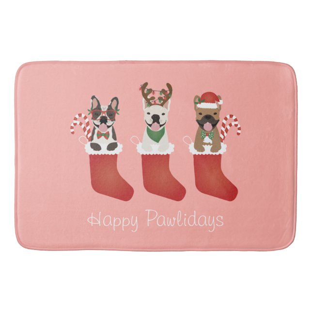 Happy Pawlidays French Bulldogs Christmas Stocking Bath Mat (Front)