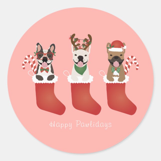 Happy Pawlidays French Bulldogs Christmas Stocking Classic Round Sticker (Front)