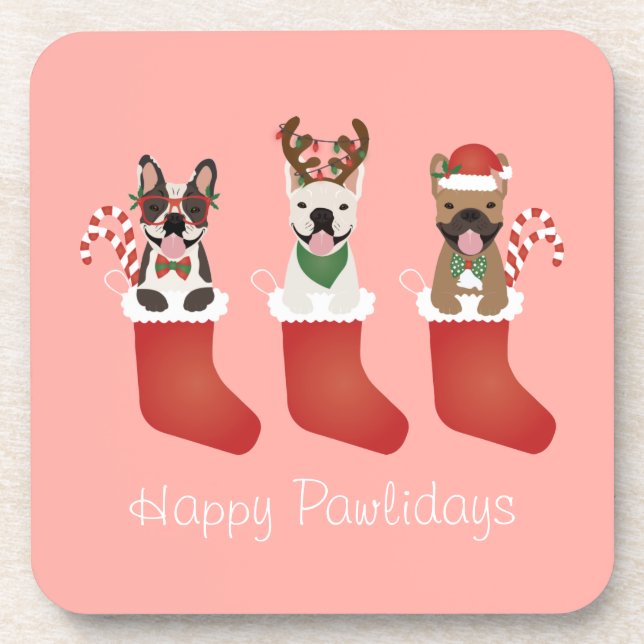 Happy Pawlidays French Bulldogs Christmas Stocking Coaster (Front)
