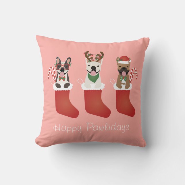 Happy Pawlidays French Bulldogs Christmas Stocking Cushion (Front)