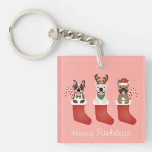 Happy Pawlidays French Bulldogs Christmas Stocking Key Ring