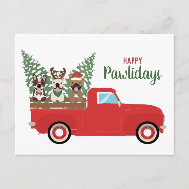 Happy Pawlidays French Bulldogs Red Pickup Truck Holiday Postcard (Front)