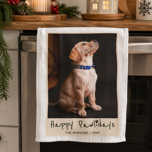 Happy Pawlidays Funny Pun Pet Photo Tea Towel