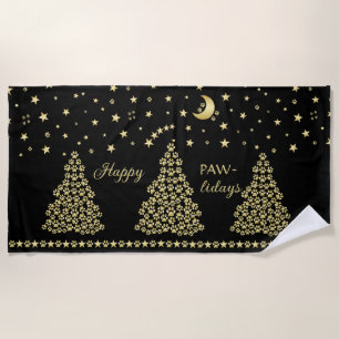 Happy Pawlidays, Gold shiny Paw Christmas tree Beach Towel