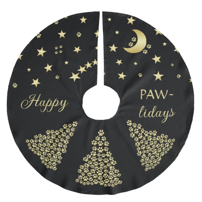 Happy Pawlidays, Gold shiny Paw Christmas tree Brushed Polyester Tree Skirt (Front)