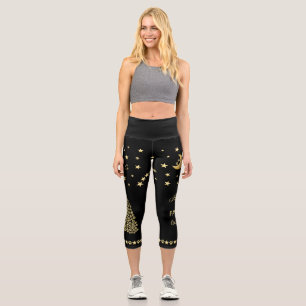 Happy Pawlidays, Gold shiny Paw Christmas tree Capri Leggings