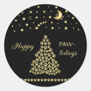 Happy Pawlidays, Gold shiny Paw Christmas tree Classic Round Sticker