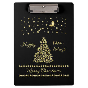Happy Pawlidays, Gold shiny Paw Christmas tree Clipboard