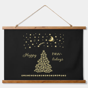 Happy Pawlidays, Gold shiny Paw Christmas tree Hanging Tapestry