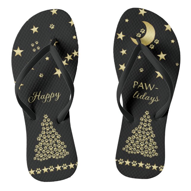 Happy Pawlidays, Gold shiny Paw Christmas tree Jandals (Footbed)