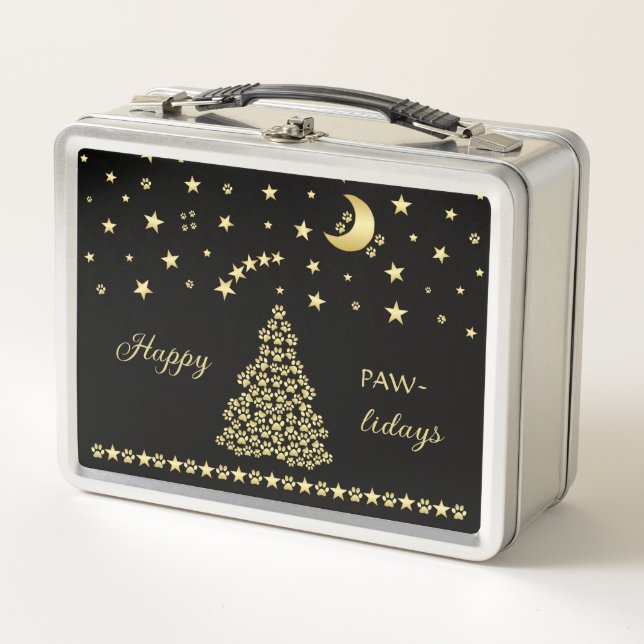 Happy Pawlidays, Gold shiny Paw Christmas tree Metal Lunch Box (Front)