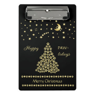 Happy Pawlidays, Gold shiny Paw Christmas tree Mini Clipboard