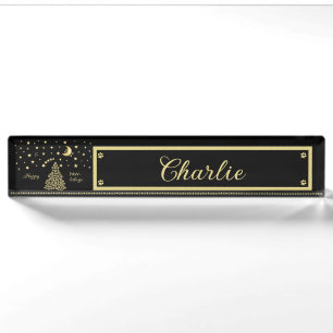 Happy Pawlidays, Gold shiny Paw Christmas tree Nameplate