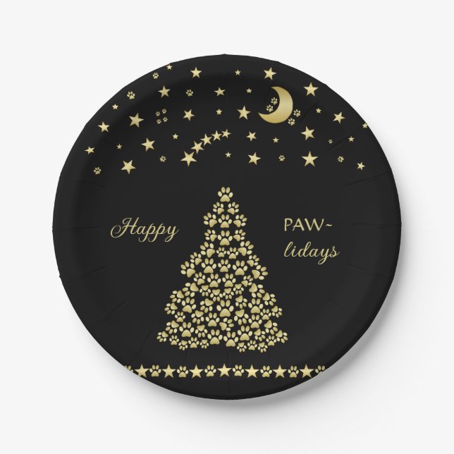 Happy Pawlidays, Gold shiny Paw Christmas tree Paper Plate (Front)