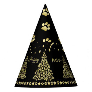 Happy Pawlidays, Gold shiny Paw Christmas tree Party Hat