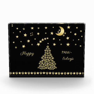 Happy Pawlidays, Gold shiny Paw Christmas tree Photo Block