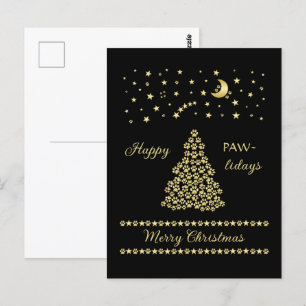 Happy Pawlidays, Gold shiny Paw Christmas tree Postcard