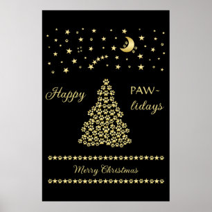 Happy Pawlidays, Gold shiny Paw Christmas tree Poster