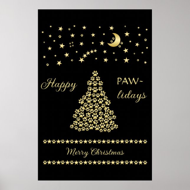 Happy Pawlidays, Gold shiny Paw Christmas tree Poster (Front)