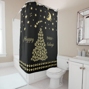 Happy Pawlidays, Gold shiny Paw Christmas tree Shower Curtain