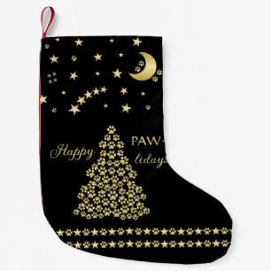 Happy Pawlidays, Gold shiny Paw Christmas tree Small Christmas Stocking